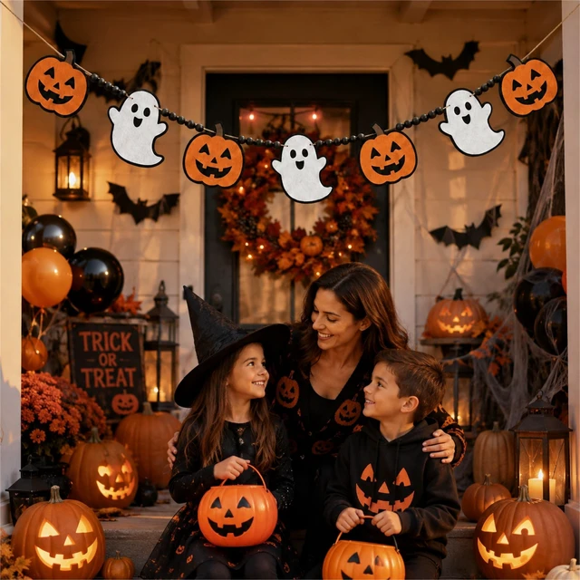 Alt view image 6 of 7 - Halloween Garland Mantel Decor Hanging Felt Pumpkin Ghost Wood Beads Banner | Hanging Black Orange Felt Cute Pumpkin Ghost Garland Banner for Spooky Halloween Party Haunted Farmhouse Home Mantel Decor