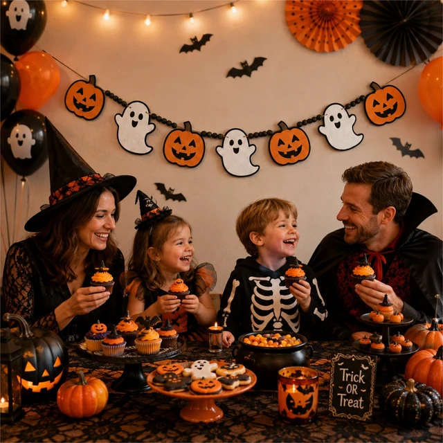 Alt view image 7 of 7 - Halloween Garland Mantel Decor Hanging Felt Pumpkin Ghost Wood Beads Banner | Hanging Black Orange Felt Cute Pumpkin Ghost Garland Banner for Spooky Halloween Party Haunted Farmhouse Home Mantel Decor
