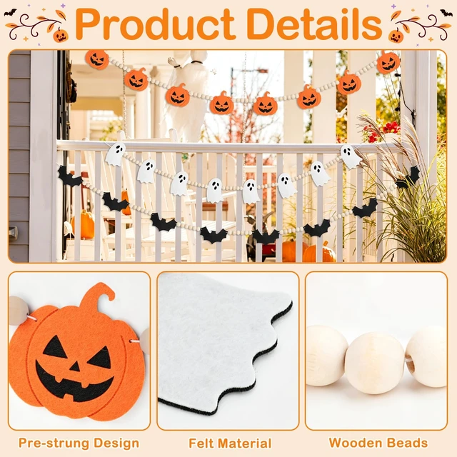Alt view image 3 of 6 - Halloween Felt Wooden Bead Garland, 3 PCS Pre-Strung Mantel Decor | Pumpkin Bat Ghost Hanging Banner, Flexible Arrangement for Fireplace Indoor Home Wall Office Decor