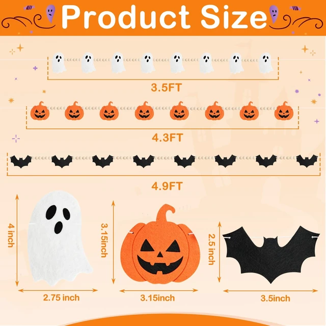 Alt view image 2 of 6 - Halloween Felt Wooden Bead Garland, 3 PCS Pre-Strung Mantel Decor | Pumpkin Bat Ghost Hanging Banner, Flexible Arrangement for Fireplace Indoor Home Wall Office Decor