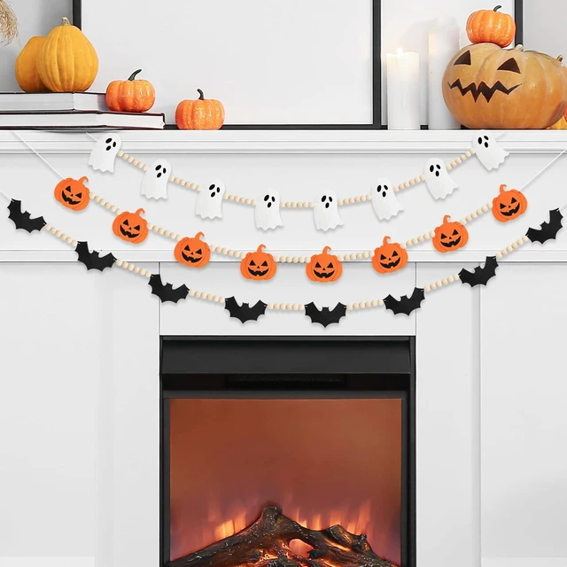 Main image of Halloween Felt Wooden Bead Garland, 3 PCS Pre-Strung Mantel Decor | Pumpkin Bat Ghost Hanging Banner, Flexible Arrangement for Fireplace Indoor Home Wall Office Decor