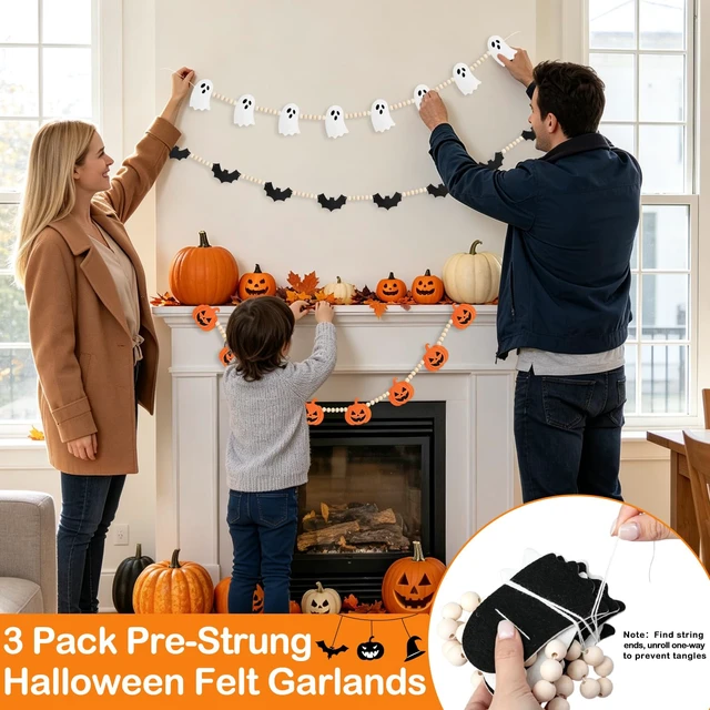 Alt view image 4 of 6 - Halloween Felt Wooden Bead Garland, 3 PCS Pre-Strung Mantel Decor | Pumpkin Bat Ghost Hanging Banner, Flexible Arrangement for Fireplace Indoor Home Wall Office Decor