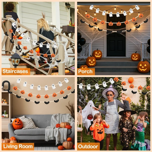 Alt view image 5 of 6 - Halloween Felt Wooden Bead Garland, 3 PCS Pre-Strung Mantel Decor | Pumpkin Bat Ghost Hanging Banner, Flexible Arrangement for Fireplace Indoor Home Wall Office Decor