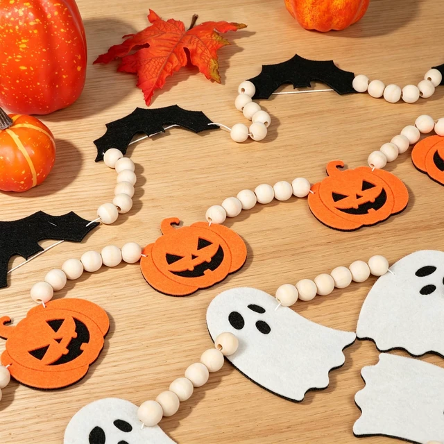 Alt view image 6 of 6 - Halloween Felt Wooden Bead Garland, 3 PCS Pre-Strung Mantel Decor | Pumpkin Bat Ghost Hanging Banner, Flexible Arrangement for Fireplace Indoor Home Wall Office Decor