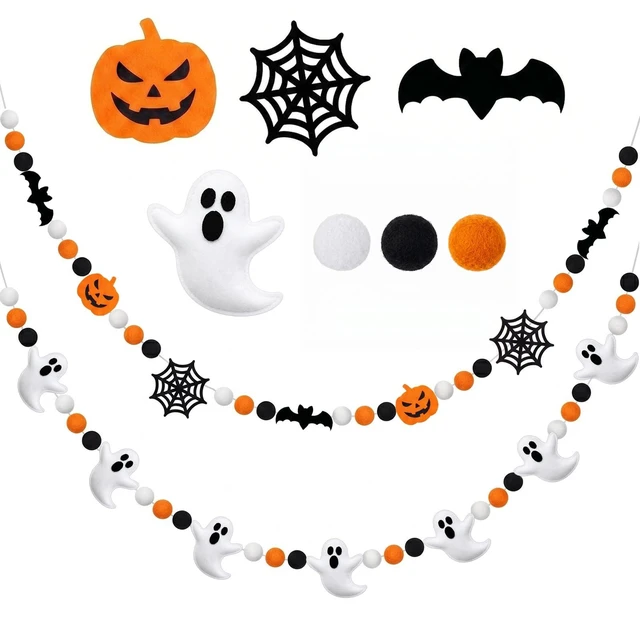 Main image of 2 Pcs Halloween Felt Banner Cute Ghosts Banner Pom Pom Ball Hanging | Pumpkin Ghost Spiderweb Bat Banner, Halloween Party Decoration, Felt Ball Garland, Halloween Doorways Home Mantel