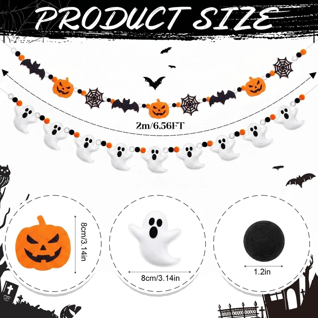 Alt view image 2 of 6 - 2 Pcs Halloween Felt Banner Cute Ghosts Banner Pom Pom Ball Hanging | Pumpkin Ghost Spiderweb Bat Banner, Halloween Party Decoration, Felt Ball Garland, Halloween Doorways Home Mantel
