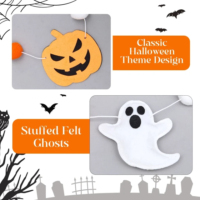Alt view image 3 of 6 - 2 Pcs Halloween Felt Banner Cute Ghosts Banner Pom Pom Ball Hanging | Pumpkin Ghost Spiderweb Bat Banner, Halloween Party Decoration, Felt Ball Garland, Halloween Doorways Home Mantel