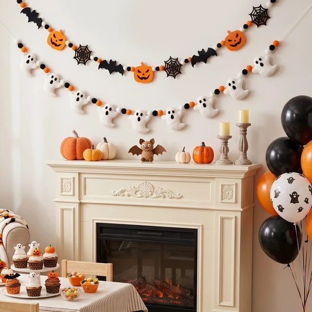 Alt view image 4 of 6 - 2 Pcs Halloween Felt Banner Cute Ghosts Banner Pom Pom Ball Hanging | Pumpkin Ghost Spiderweb Bat Banner, Halloween Party Decoration, Felt Ball Garland, Halloween Doorways Home Mantel