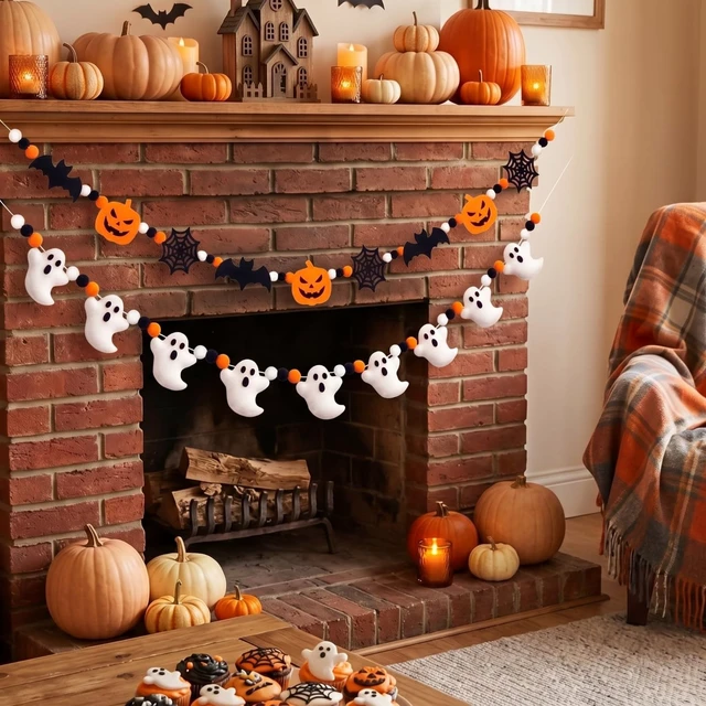 Alt view image 5 of 6 - 2 Pcs Halloween Felt Banner Cute Ghosts Banner Pom Pom Ball Hanging | Pumpkin Ghost Spiderweb Bat Banner, Halloween Party Decoration, Felt Ball Garland, Halloween Doorways Home Mantel