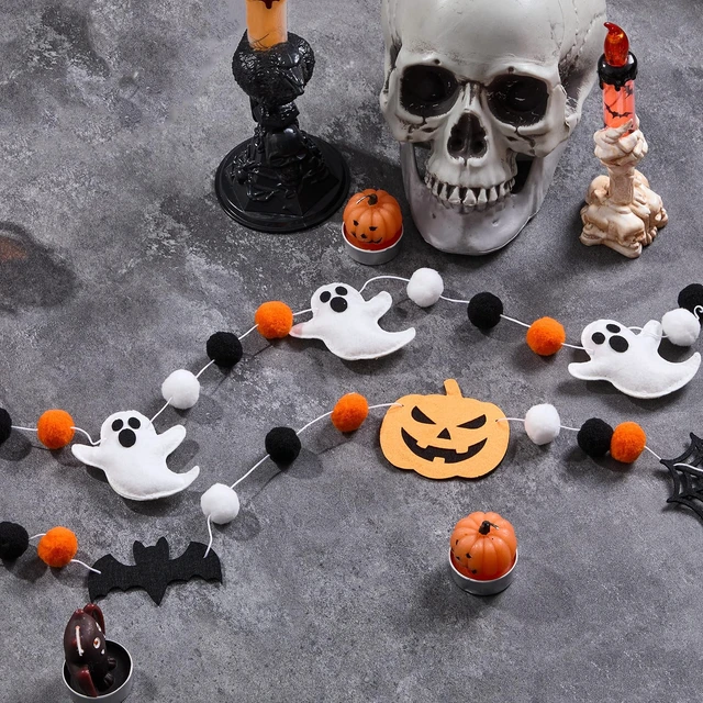 Alt view image 6 of 6 - 2 Pcs Halloween Felt Banner Cute Ghosts Banner Pom Pom Ball Hanging | Pumpkin Ghost Spiderweb Bat Banner, Halloween Party Decoration, Felt Ball Garland, Halloween Doorways Home Mantel