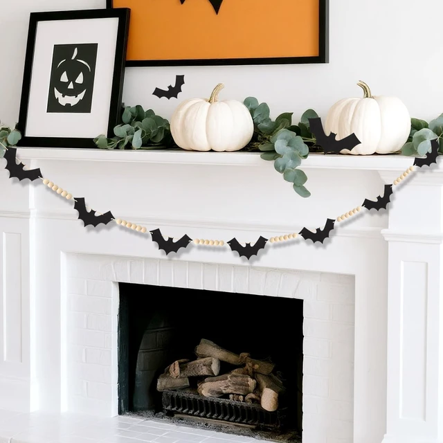 Main image of 4.6 ft Halloween Decoration Garland, Wood Beads Felt Bats Garland Banner, Halloween Farmhouse Indoor Banners Decor for Fireplace Mental Walls