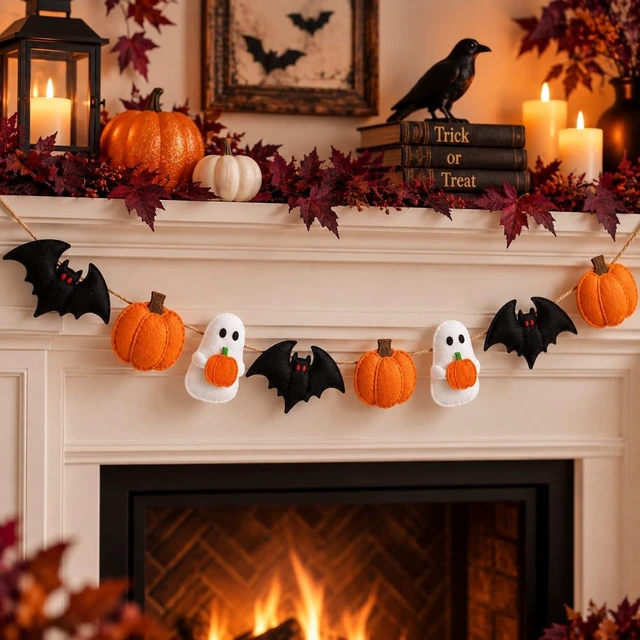 Main image of Halloween Felt Garland, Ghost Pumpkin Bat, Pre-Assembled | Hanging Banner, For Home Party Mantel Fireplace Wall Door Decoration