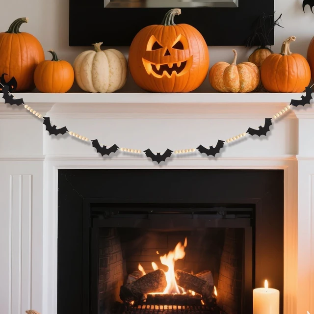 Alt view image 3 of 7 - 4.6 ft Halloween Decoration Garland, Wood Beads Felt Bats Garland Banner, Halloween Farmhouse Indoor Banners Decor for Fireplace Mental Walls