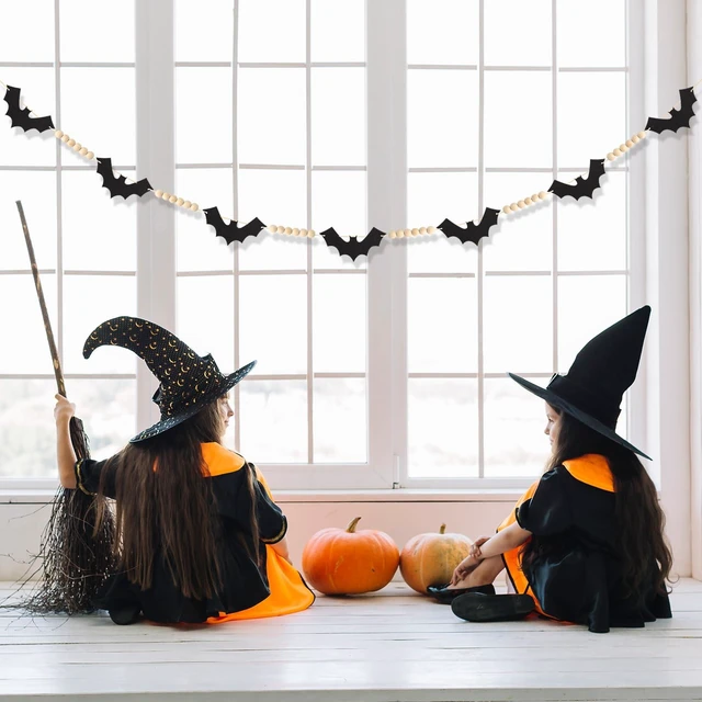 Alt view image 4 of 7 - 4.6 ft Halloween Decoration Garland, Wood Beads Felt Bats Garland Banner, Halloween Farmhouse Indoor Banners Decor for Fireplace Mental Walls