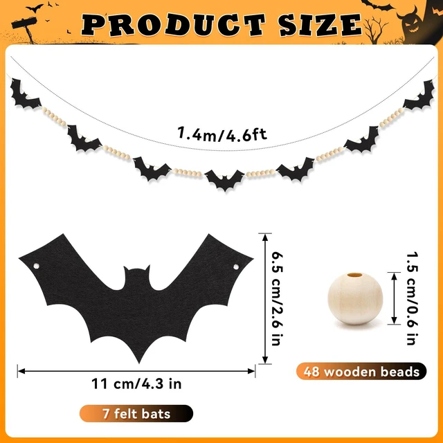 Alt view image 2 of 7 - 4.6 ft Halloween Decoration Garland, Wood Beads Felt Bats Garland Banner, Halloween Farmhouse Indoor Banners Decor for Fireplace Mental Walls