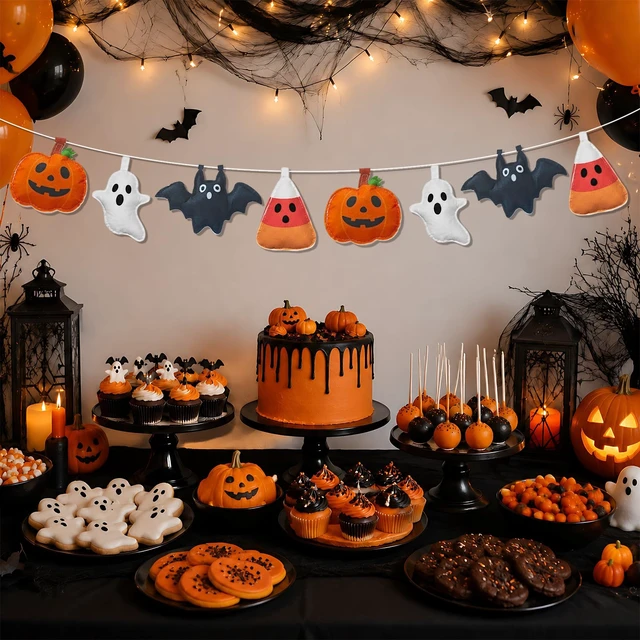 Alt view image 3 of 6 - Ghost Felt Banner Garland Halloween Pumpkin Bat Banner | Felt Pumpkin Bat Ghost Candy Corn Garland Felt Hanging Decor for Wall Door Dessert Table Decor