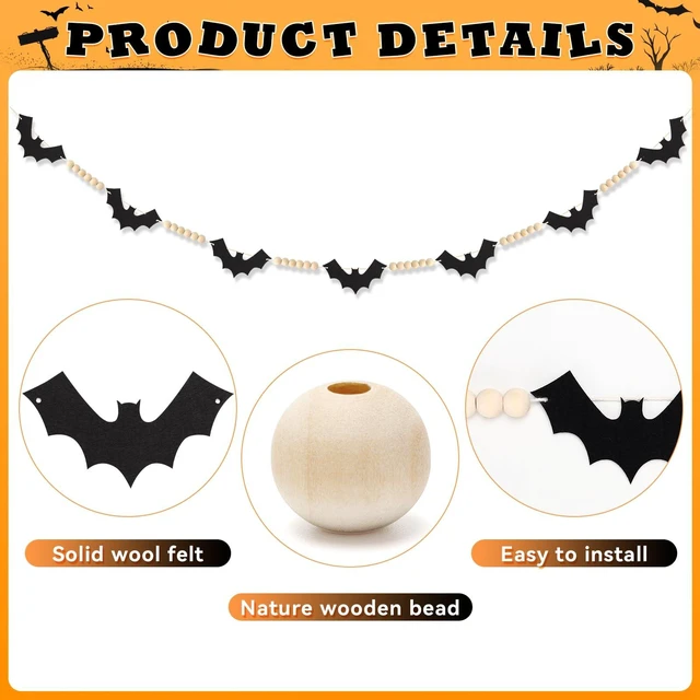 Alt view image 5 of 7 - 4.6 ft Halloween Decoration Garland, Wood Beads Felt Bats Garland Banner, Halloween Farmhouse Indoor Banners Decor for Fireplace Mental Walls