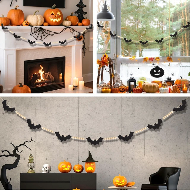 Alt view image 6 of 7 - 4.6 ft Halloween Decoration Garland, Wood Beads Felt Bats Garland Banner, Halloween Farmhouse Indoor Banners Decor for Fireplace Mental Walls