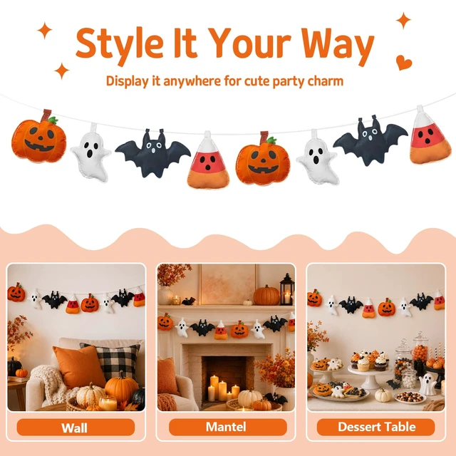 Alt view image 5 of 6 - Ghost Felt Banner Garland Halloween Pumpkin Bat Banner | Felt Pumpkin Bat Ghost Candy Corn Garland Felt Hanging Decor for Wall Door Dessert Table Decor