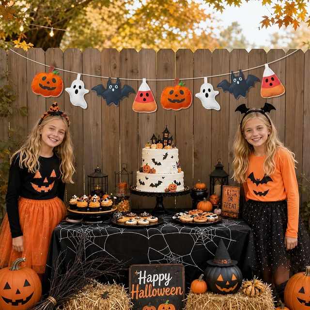 Alt view image 4 of 6 - Ghost Felt Banner Garland Halloween Pumpkin Bat Banner | Felt Pumpkin Bat Ghost Candy Corn Garland Felt Hanging Decor for Wall Door Dessert Table Decor
