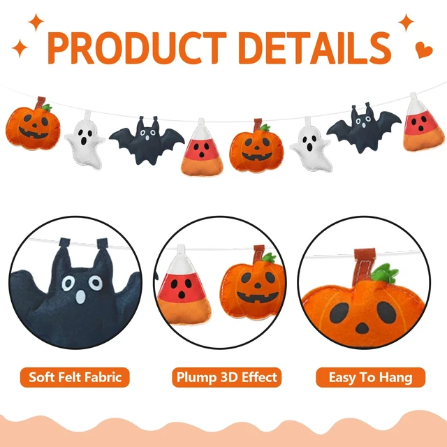 Alt view image 6 of 6 - Ghost Felt Banner Garland Halloween Pumpkin Bat Banner | Felt Pumpkin Bat Ghost Candy Corn Garland Felt Hanging Decor for Wall Door Dessert Table Decor