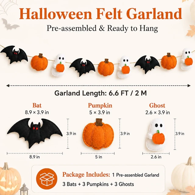 Alt view image 2 of 7 - Halloween Felt Garland, Ghost Pumpkin Bat, Pre-Assembled | Hanging Banner, For Home Party Mantel Fireplace Wall Door Decoration