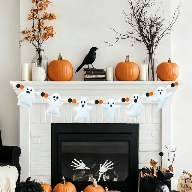 Alt view image 2 of 6 - 3Pcs Halloween Felt Garland, Cute Ghosts Banner Black White Orange Pom Pom Garland Party Decorations for Halloween Haunted Houses Decors Doorways Home Mantel