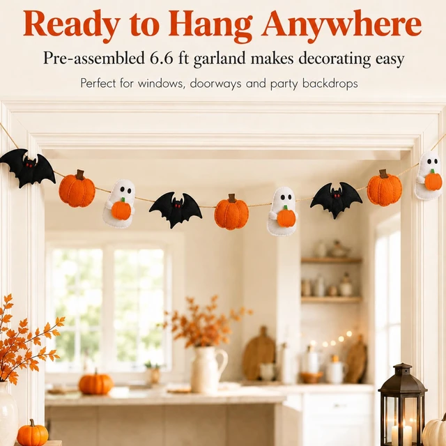 Alt view image 4 of 7 - Halloween Felt Garland, Ghost Pumpkin Bat, Pre-Assembled | Hanging Banner, For Home Party Mantel Fireplace Wall Door Decoration