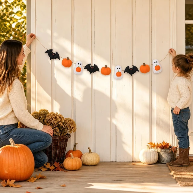 Alt view image 7 of 7 - Halloween Felt Garland, Ghost Pumpkin Bat, Pre-Assembled | Hanging Banner, For Home Party Mantel Fireplace Wall Door Decoration