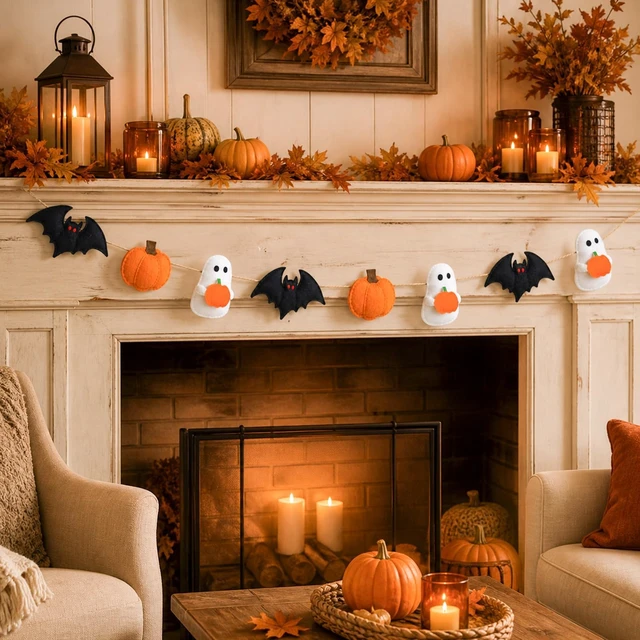 Alt view image 5 of 7 - Halloween Felt Garland, Ghost Pumpkin Bat, Pre-Assembled | Hanging Banner, For Home Party Mantel Fireplace Wall Door Decoration