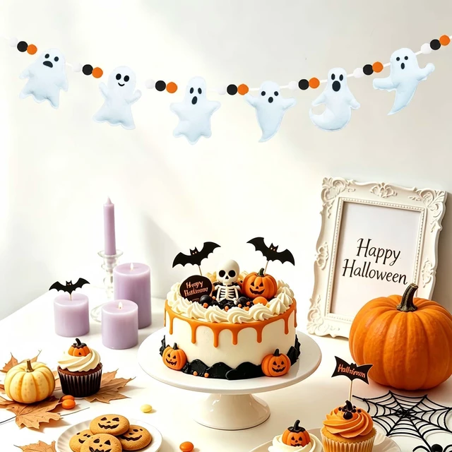 Alt view image 4 of 6 - 3Pcs Halloween Felt Garland, Cute Ghosts Banner Black White Orange Pom Pom Garland Party Decorations for Halloween Haunted Houses Decors Doorways Home Mantel