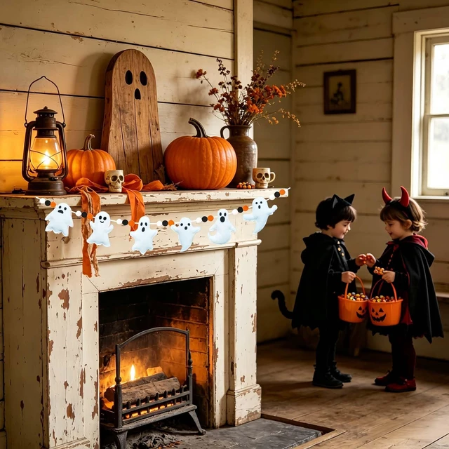 Alt view image 3 of 6 - 3Pcs Halloween Felt Garland, Cute Ghosts Banner Black White Orange Pom Pom Garland Party Decorations for Halloween Haunted Houses Decors Doorways Home Mantel