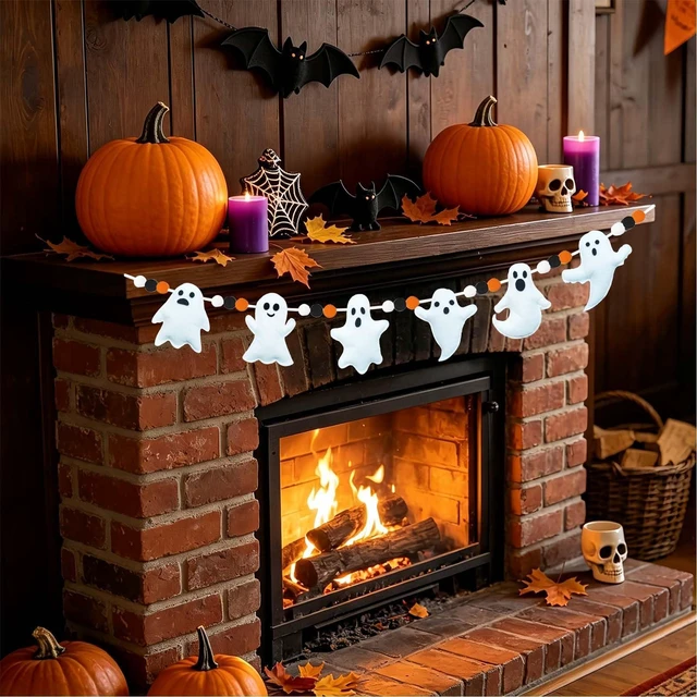 Main image of 3Pcs Halloween Felt Garland, Cute Ghosts Banner Black White Orange Pom Pom Garland Party Decorations for Halloween Haunted Houses Decors Doorways Home Mantel