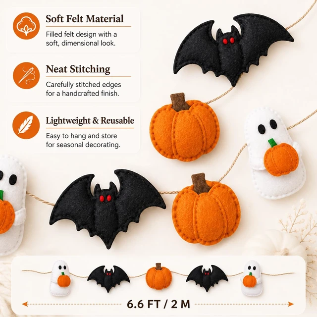 Alt view image 3 of 7 - Halloween Felt Garland, Ghost Pumpkin Bat, Pre-Assembled | Hanging Banner, For Home Party Mantel Fireplace Wall Door Decoration