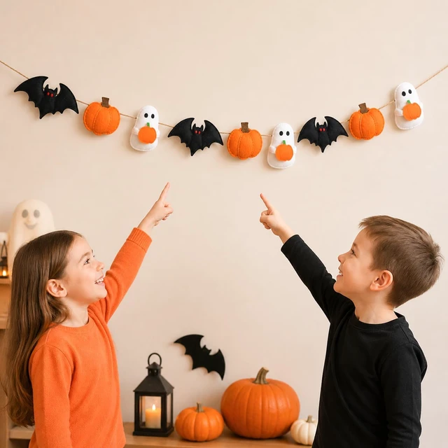 Alt view image 6 of 7 - Halloween Felt Garland, Ghost Pumpkin Bat, Pre-Assembled | Hanging Banner, For Home Party Mantel Fireplace Wall Door Decoration