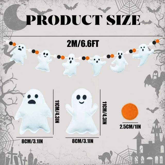 Alt view image 5 of 6 - 3Pcs Halloween Felt Garland, Cute Ghosts Banner Black White Orange Pom Pom Garland Party Decorations for Halloween Haunted Houses Decors Doorways Home Mantel