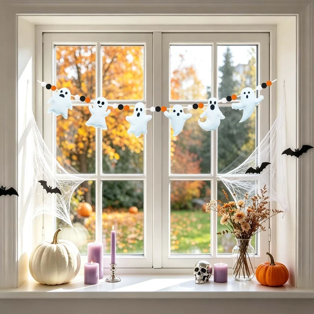 Alt view image 6 of 6 - 3Pcs Halloween Felt Garland, Cute Ghosts Banner Black White Orange Pom Pom Garland Party Decorations for Halloween Haunted Houses Decors Doorways Home Mantel