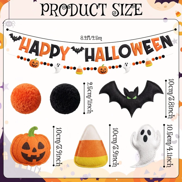 Alt view image 2 of 5 - Happy Halloween Felt Banner Halloween Party Decoration | Halloween Party Sign, Bat Pom Pom Ball, pumpkin, Candy Corn, Ghost, Pre Strung, for Haunted Houses Home