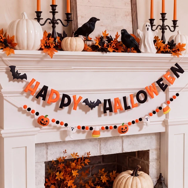 Main image of Happy Halloween Felt Banner Halloween Party Decoration | Halloween Party Sign, Bat Pom Pom Ball, pumpkin, Candy Corn, Ghost, Pre Strung, for Haunted Houses Home