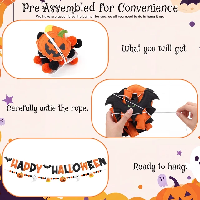 Alt view image 4 of 5 - Happy Halloween Felt Banner Halloween Party Decoration | Halloween Party Sign, Bat Pom Pom Ball, pumpkin, Candy Corn, Ghost, Pre Strung, for Haunted Houses Home