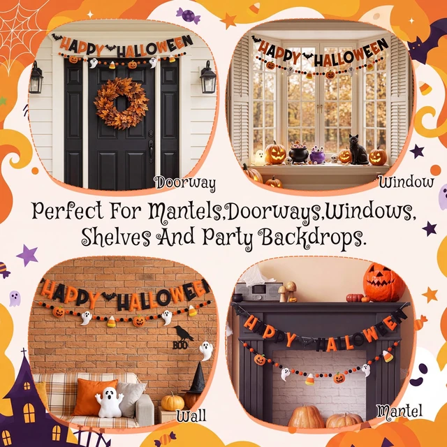 Alt view image 5 of 5 - Happy Halloween Felt Banner Halloween Party Decoration | Halloween Party Sign, Bat Pom Pom Ball, pumpkin, Candy Corn, Ghost, Pre Strung, for Haunted Houses Home