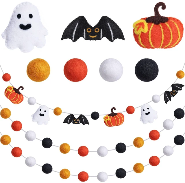 Main image of 3 Pcs Halloween Felt Ball Garlands Pumpkin Bat Ghost Pom Pom Decor | Wool Ball Hanging Garlands, Orange Yellow Black White, Decor for Halloween Thanksgiving Fall Party, Reusable Festive Backdrop