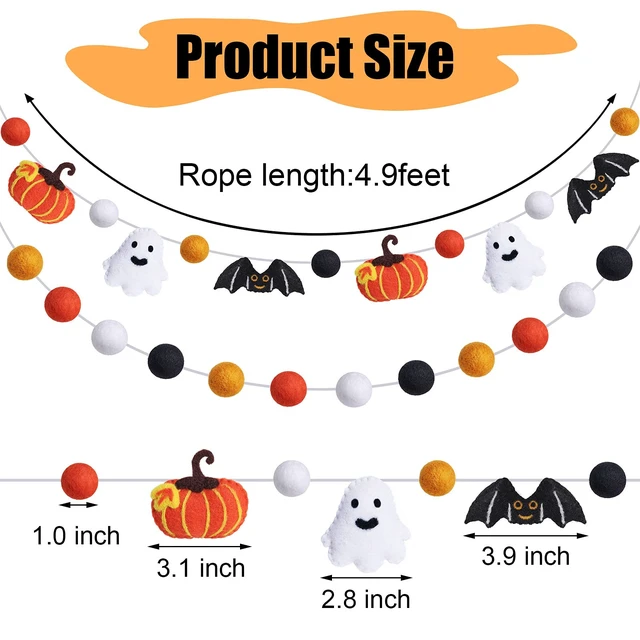 Alt view image 2 of 7 - 3 Pcs Halloween Felt Ball Garlands Pumpkin Bat Ghost Pom Pom Decor | Wool Ball Hanging Garlands, Orange Yellow Black White, Decor for Halloween Thanksgiving Fall Party, Reusable Festive Backdrop