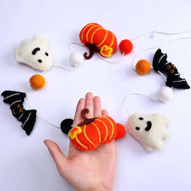 Alt view image 3 of 7 - 3 Pcs Halloween Felt Ball Garlands Pumpkin Bat Ghost Pom Pom Decor | Wool Ball Hanging Garlands, Orange Yellow Black White, Decor for Halloween Thanksgiving Fall Party, Reusable Festive Backdrop