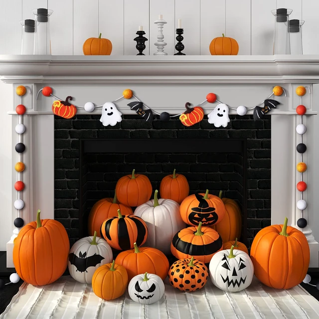 Alt view image 4 of 7 - 3 Pcs Halloween Felt Ball Garlands Pumpkin Bat Ghost Pom Pom Decor | Wool Ball Hanging Garlands, Orange Yellow Black White, Decor for Halloween Thanksgiving Fall Party, Reusable Festive Backdrop