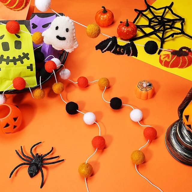 Alt view image 5 of 7 - 3 Pcs Halloween Felt Ball Garlands Pumpkin Bat Ghost Pom Pom Decor | Wool Ball Hanging Garlands, Orange Yellow Black White, Decor for Halloween Thanksgiving Fall Party, Reusable Festive Backdrop