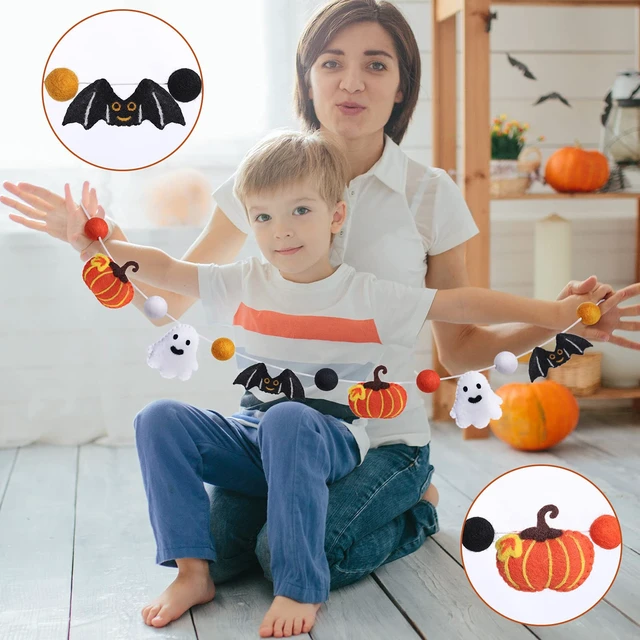 Alt view image 6 of 7 - 3 Pcs Halloween Felt Ball Garlands Pumpkin Bat Ghost Pom Pom Decor | Wool Ball Hanging Garlands, Orange Yellow Black White, Decor for Halloween Thanksgiving Fall Party, Reusable Festive Backdrop