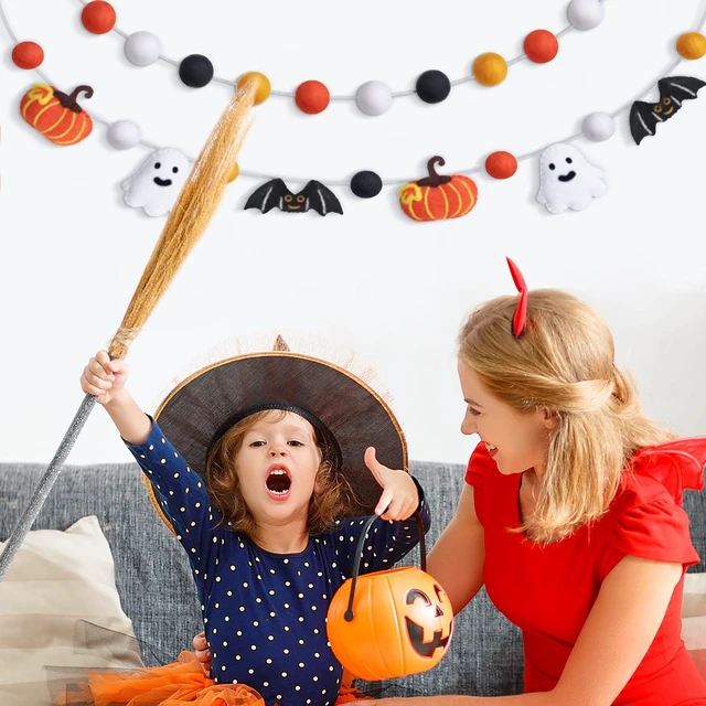 Alt view image 7 of 7 - 3 Pcs Halloween Felt Ball Garlands Pumpkin Bat Ghost Pom Pom Decor | Wool Ball Hanging Garlands, Orange Yellow Black White, Decor for Halloween Thanksgiving Fall Party, Reusable Festive Backdrop