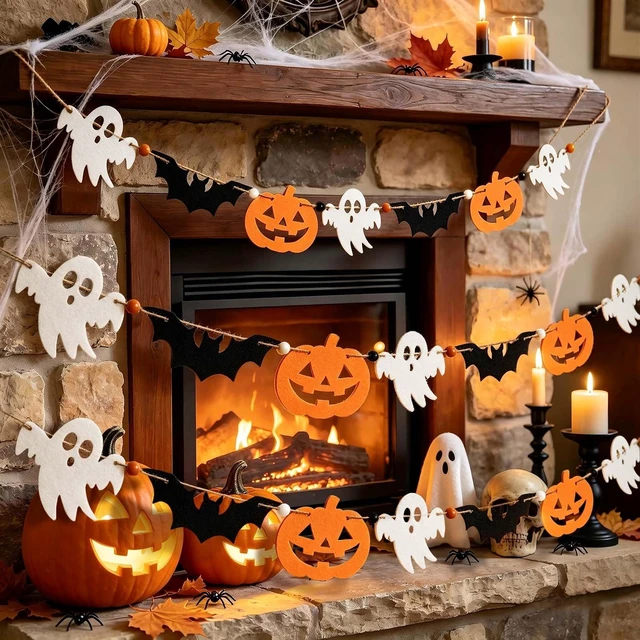 Main image of 3-Pack Halloween Felt Garland Banner for Mantle Home Art Decor | Pre-strung 6.5 Ft - Each Cute Halloween Garland Banner Hanging Decor for Birthday Fall Party Wall Festival Decorations
