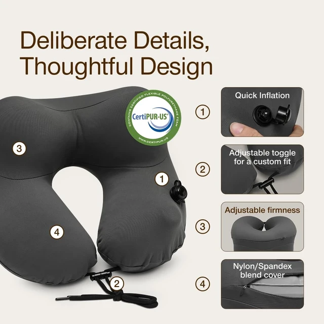 Alt view image 2 of 7 - AirJustable Travel Neck Pillow, Inflatable, Adjustable Support for Neck & Chin, Compact, Soft Memory Foam Comfort, Airplane Travel Essentials, Cooling & Washable Cover
